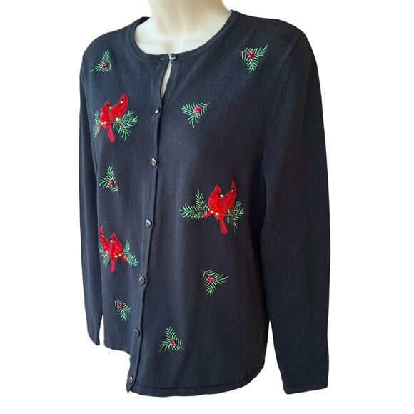 Croft & Barrow Tight Knit Button Front Holiday Cardinal Sweater Black Womens S - Picture 3 of 9
